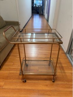 Brass glass two tiered tray rolling bar cart - excellent condition