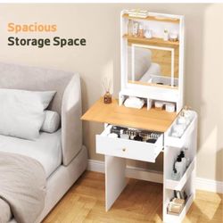 Small Vanity Desk with Mirror and Lights - Compact Makeup Dressing Table with Fold-up Panel & Side Storage Shelf for Small Spaces, 