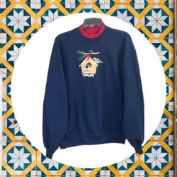Top Stitch by Morning Sun Navy w Burgundy Layer Look Sweatshirt Birds Women Large