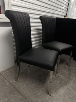 Black Leather Dining Chairs With Mirrored Silver Legs Set Of 2