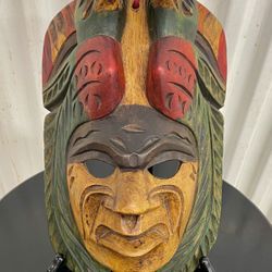 Vintage hand painted wood carved Mayan tribal mask