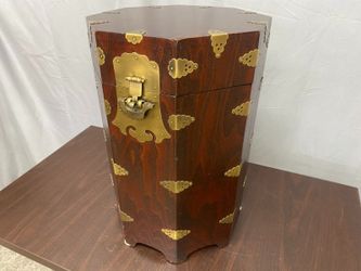 Vintage Korean Octagonal Brass & Cherry Stained Hat Box