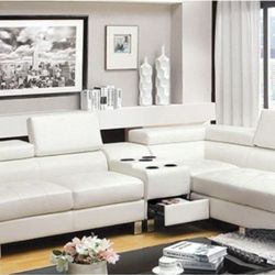 Brand New White  Leather Sectional Sofa With Speaker Console 