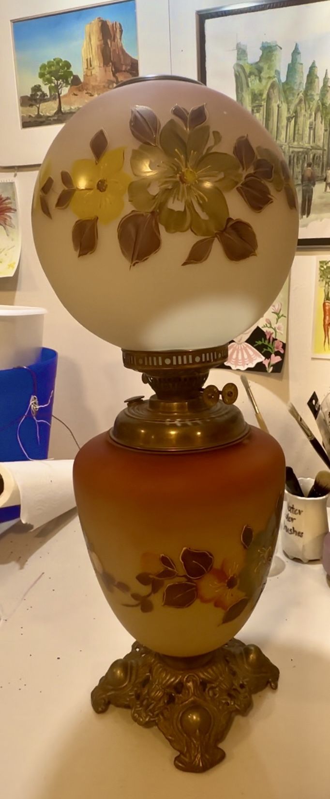 Antique Victorian Hand Painted GWTW Kerosene Oil Lamp