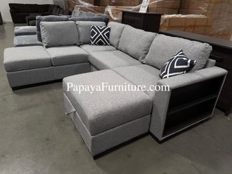 NEW Sectional Couch with Reversible Chaise and FREE Storage Ottoman Left Right Lounge Gray Fabric Sofa Open Shelf Storage Arm Living Room Apartment