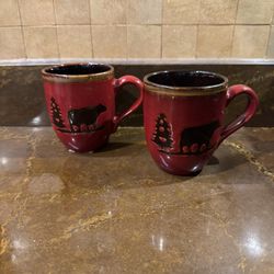 New Lot 2 Woodland Collection Red Coffee Mugs Bear Pair Cabin Rustic