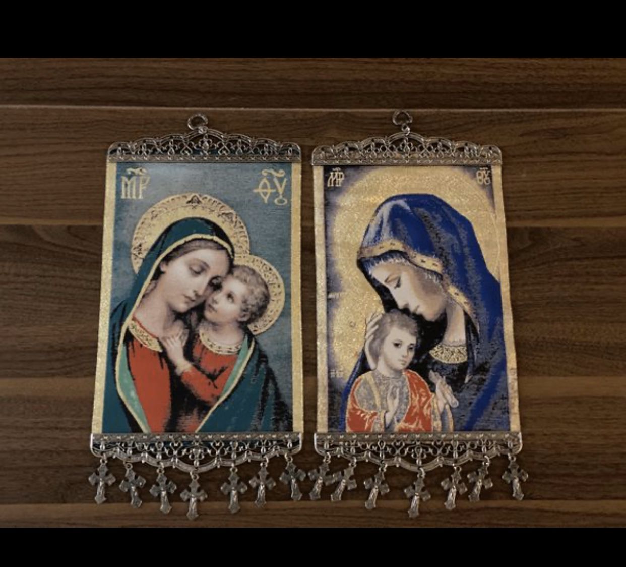 Religious Pair of Icon Banners Tapestry Madonna &Child pure cotton Gold Yarn