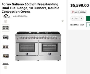 Forno Galiano 60-Inch Freestanding Dual Fuel Range, 10 Burners, Double Convection Ovens