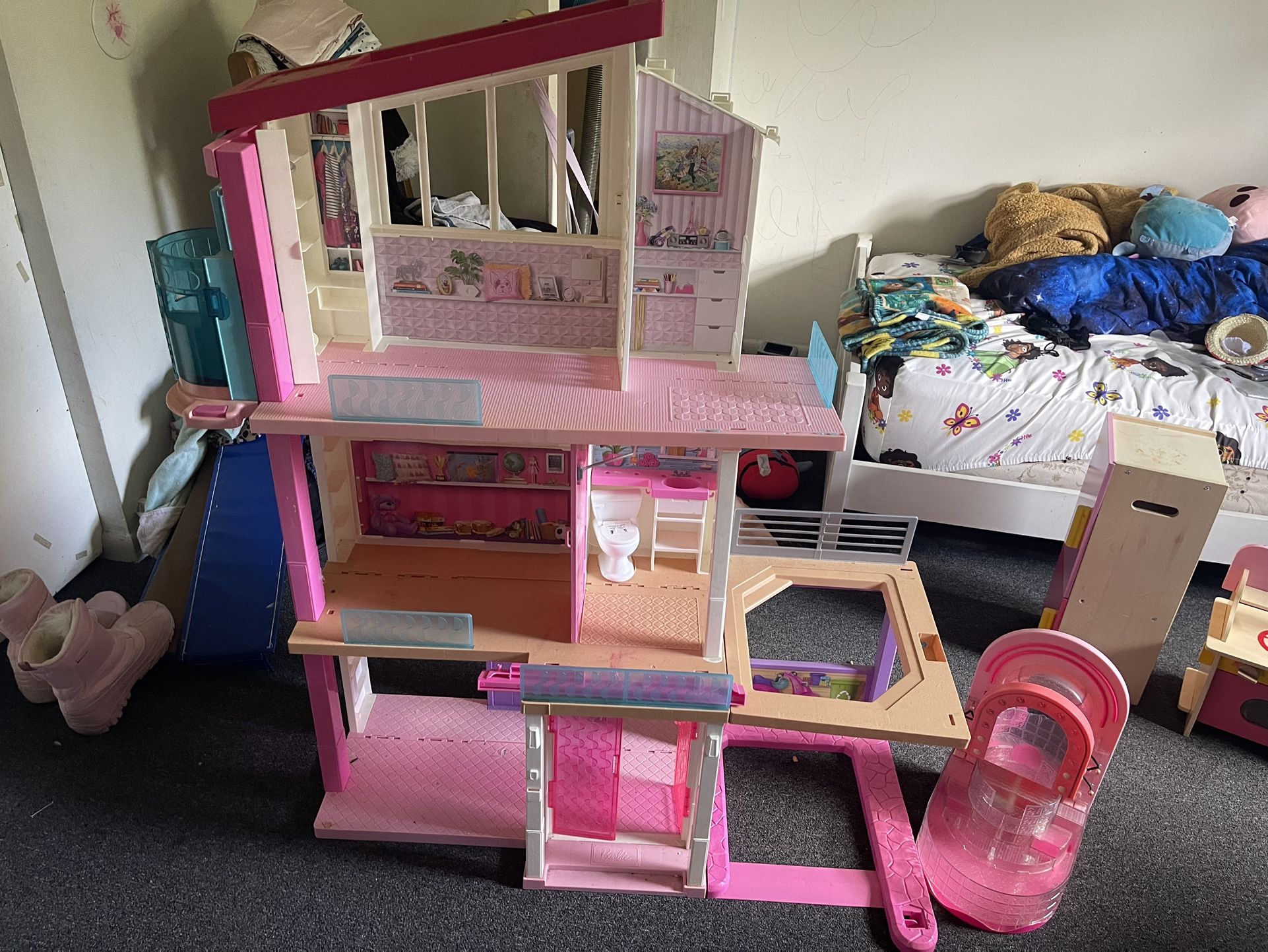 Barbie Doll House , A Bunch Of Different Barbie Toys And Accessories(only Some In Photo ), mini Fridge, And Stove