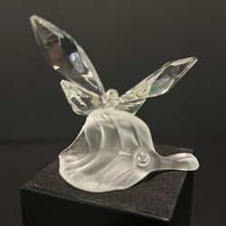 Swarovski 1990s Crystal Butterfly On Frosted Leaf Figurine, 182 920, 2.25”