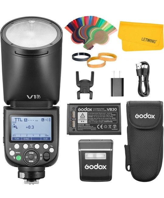 GODOX V1 Pro F V1Pro F Round Head Flash for Fujifilm Fuji, 2.4G Wireless TTL Fuji Speedlite HSS 1/8000s, 2980mAh Li-ion Battery, Detachable Sub Flash 