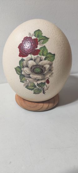 Vintage Ostrich Egg With Flower Art Real Genuine Ostrich Egg