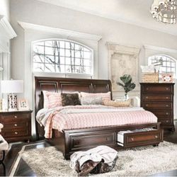 Brand New Dark Cherry 4pc Queen Size  Storage Bedroom Set 