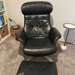 Classic European Lounge Chair With Ottoman, Genuine Full Grain Leather Accent Chair, Mid-century Modern Designer Recliner For Luxury Living Room