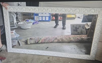 BEVELED HEAVY WHITE MIRROR W/ CARVED DESIGN