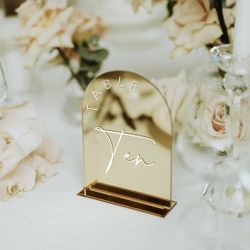 Gold Mirrored Arch Wedding Table Numbers with Stands