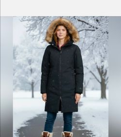 Eddie Bauer Women's L Down 650 Fill Long Parka Coat  Faux Fur Hood Black
