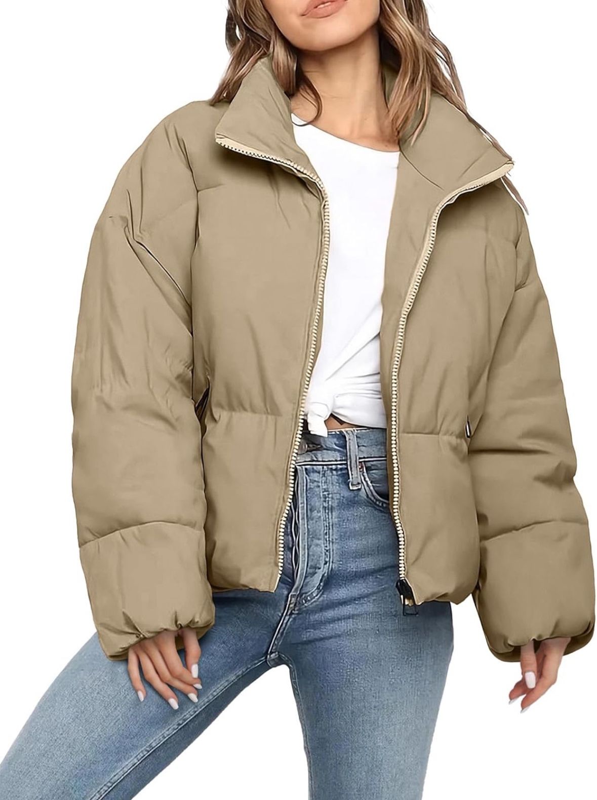 Women's Winter Cropped Puffer Jacket Oversized Long Sleeve Full Zip Puffy Coat Warm Quilted , Large