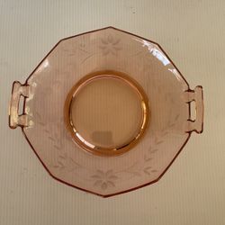Pink Depression Glass Serving Bowl Plate With Handles Etched Flowers