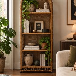 Vintage Rattan Etagere Wood Wicker Arch Peacock Shelf 72”
