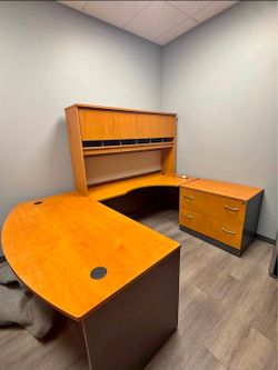 Sleek and Contemporary Left-Handed Bow-Front U-Shaped Desk with Hutch and Lateral File Cabinet