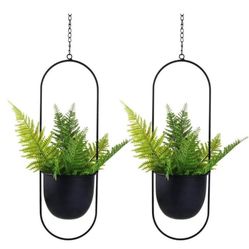 Metal Oval Hanging Planter, Set of 2 Black Planters with 6 inch Flower Pots - New