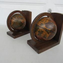 Old World Rotating Globe Wooden Bookends Ancient Map-Made In Italy
