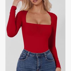 QINSEN Women's Sexy Long Sleeve Square Neck Lined Bodysuit, Black...