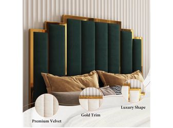 Green Velvet Upholstered Headboard with Gold Trim