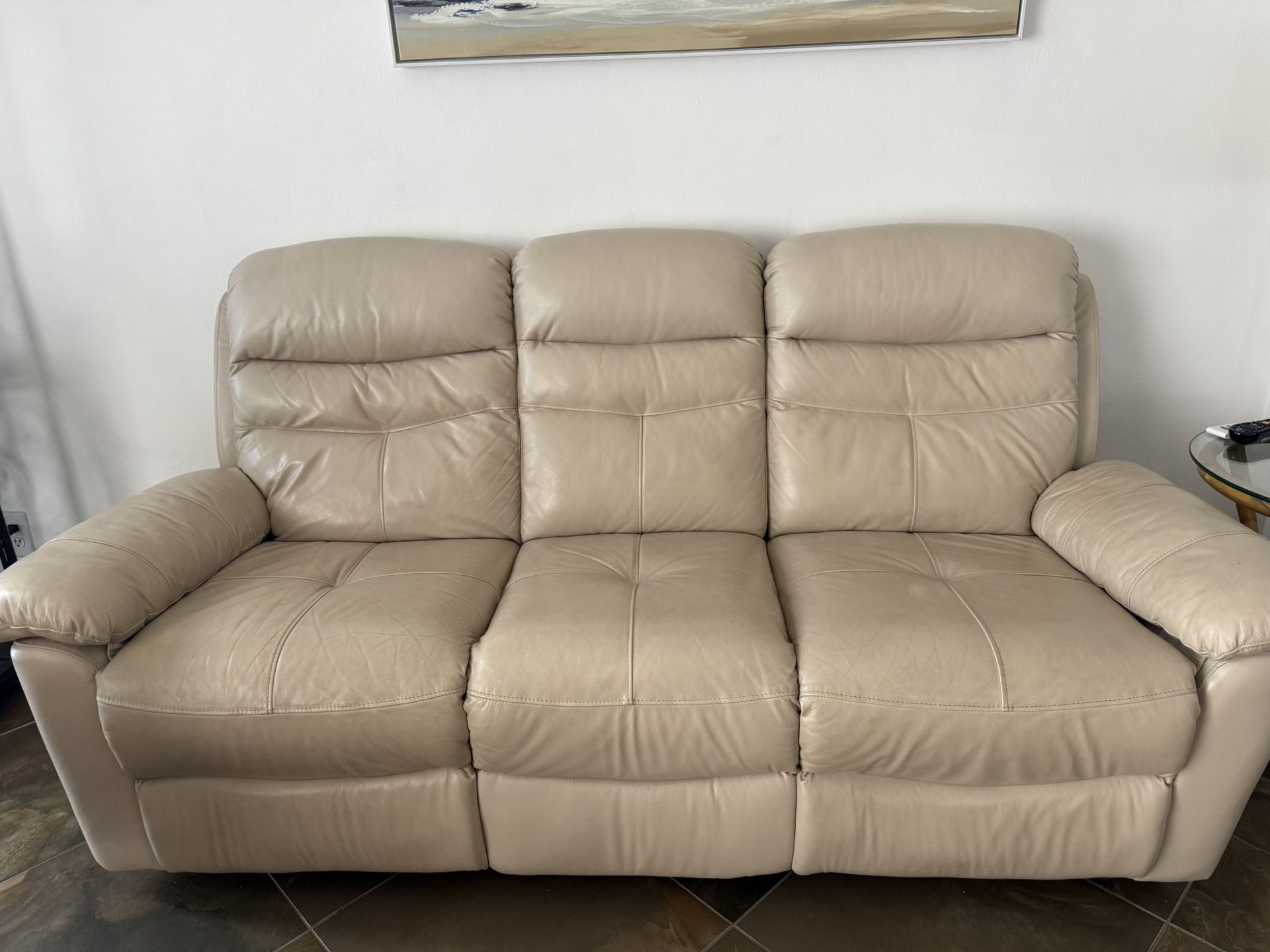 Genuine Leather Couch From Macy’s (w/ 2 recliner) Width Is 80 Inches by 32 and length Is 36 Inches