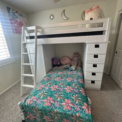 White Bunk bed With Desk Drawers And Shelves 