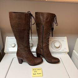 Nine West brown leather knee-high boots with front lace-up design. Women's 7.