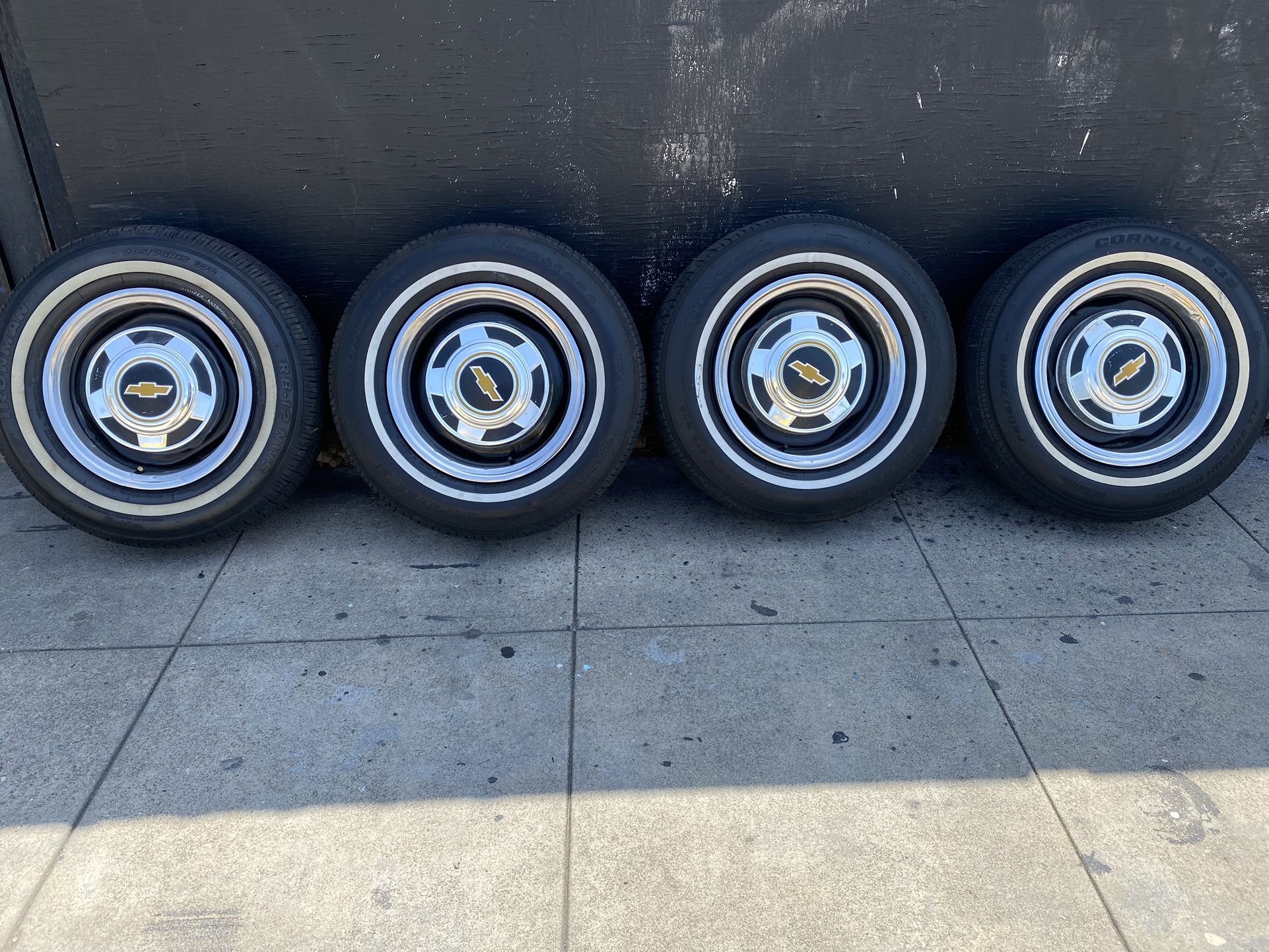 15” Chevy C-10 Steelies W Dog Dish Caps N Beauty Rings, White Wall 205/75/15, Good Condition, 5x5, Sell $595.00 Cash