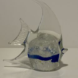 Clear, Blue And White Fish Paperweight