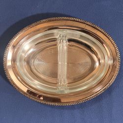 Antique Oval Silver Tray With Divided Glass Insert. 