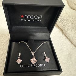 925 Sterling Silver Chain Necklace w/ pendant and Earrings Cubic Zirconia New 