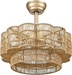 20" Rattan Boho Caged Fandelier with 4-Light Flush Mount and Remote