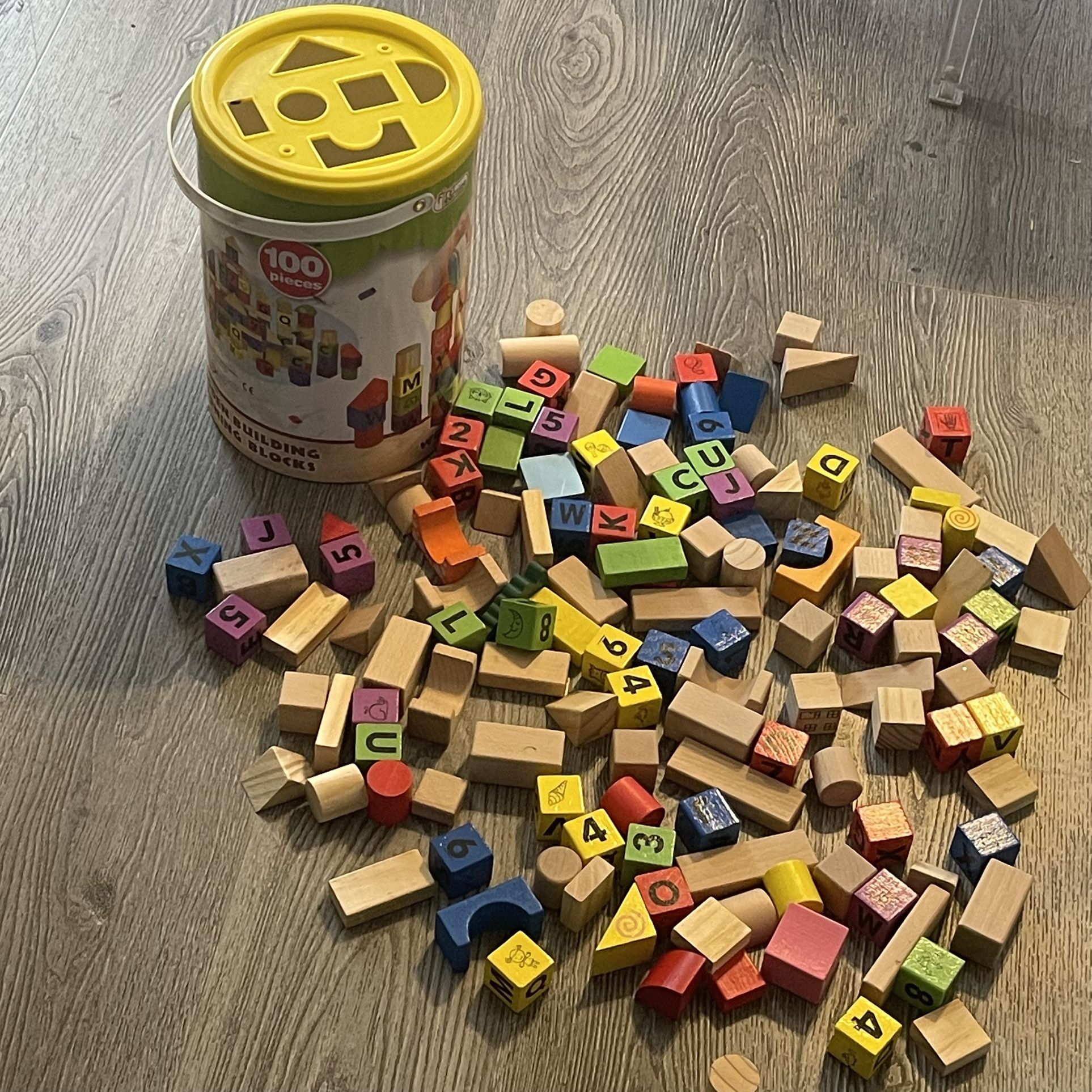 100 pcs toddler ABC and 123 wood building blocks in canister
