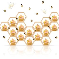 New 12 Pcs Mini Honeycomb Cupcake Stand Cake Farmhouse Hexagon Display Holder Hexagonal Wood Cupcake Stand Floating Table Sign with 50 Tiny Wooden Bee