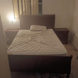 Full size bed with mattress and side table (Like New)