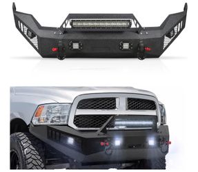 Off Road Front Bumper Fits for RAM 1500 / 2013– 2018, Full Width Front Bumper 5 Lights D-Rings, Bull Bar Built-in Winch Plate Heavy Duty Steel, Textur