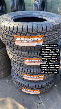 SET OF NEW TIRES LT285/70R17 ARROYO AT , INCLUDING MOUNTING AND BALANCING. ASK ME FOR ANY SIZE OR BRAND, LLANTAS NUEVAS