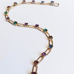 Vintage Colorful Rhinestones Link Gold Tone Tennis  Bracelet 