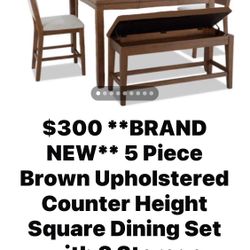 $300  (NEW) 5 Piece Brown Upholstered Counter Height Square Dining Set with Storage Benches