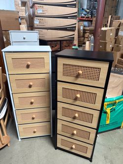 Boho Rattan 5 Drawer Tall Dresser, Narrow Chest Storage Cabinet 46" Tall, Wood with Woven Front, Small Space Dresser for Bedroom, Hallway - White / Bl