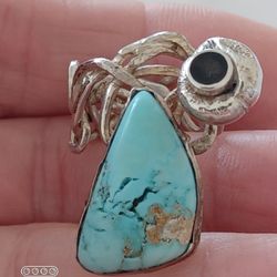 Vtg.sterling Silver Free Form Turquoise & Onyx Ring- Sz5