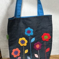 Handmade Crochet Flower Denim Tote Bag 