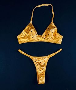 Yellow Lingerie Set, Size S, Featuring Multicolor Rhinestones. Perfect For Halloween's.