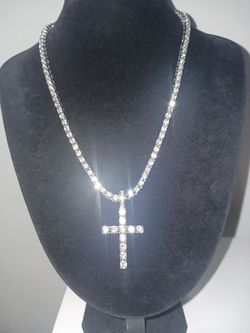 Gorgeous 20 Inch Tennis Chain Necklace With Iced Out Cross Pendant