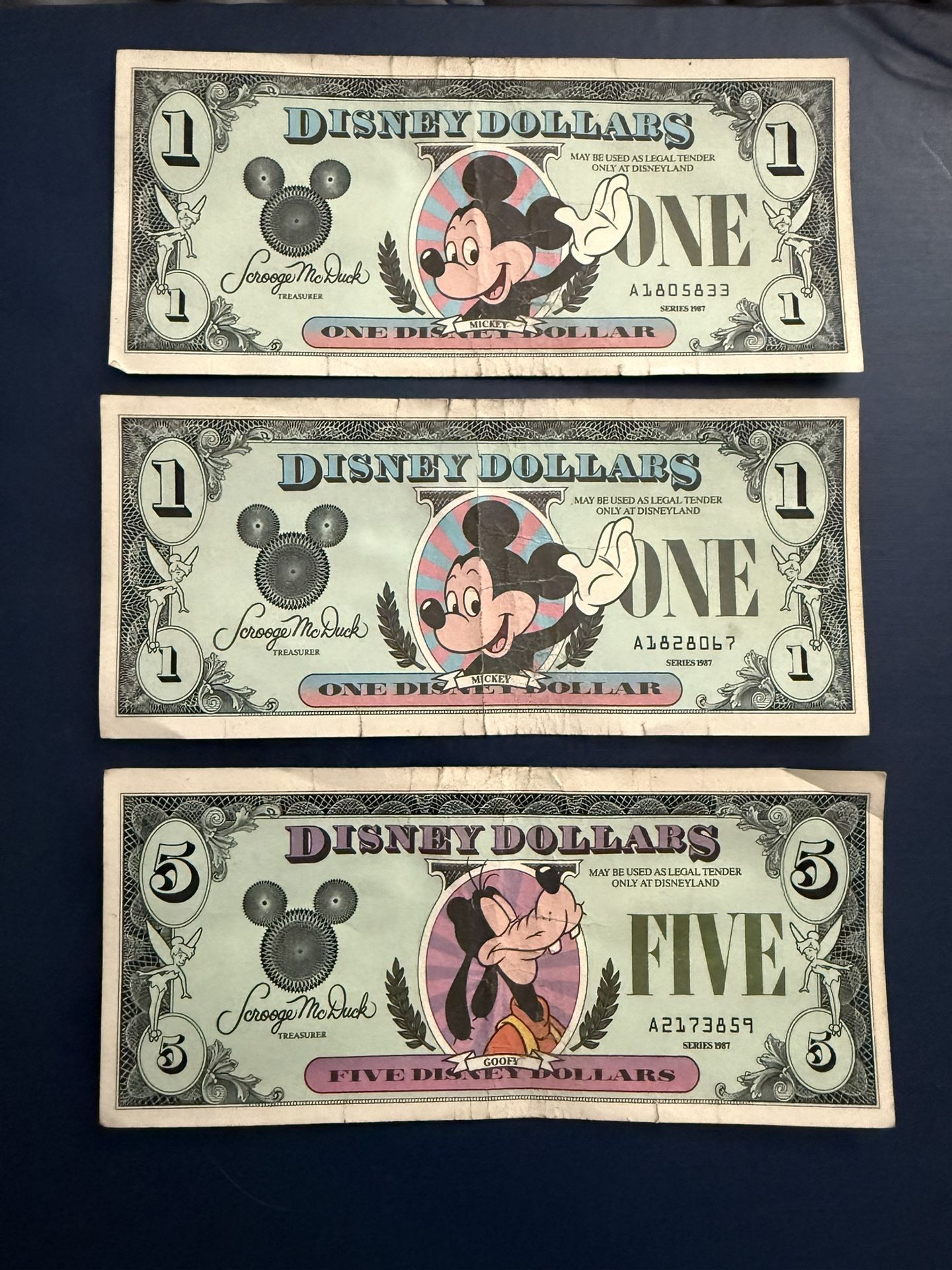 Disney Dollars $1 Mickey & $5 Goffy 1987